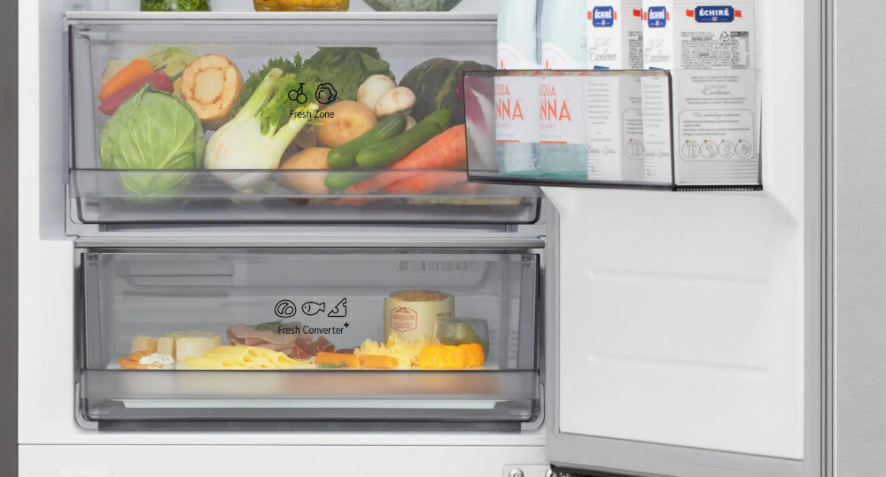 LODÓWKA LG GBBSJ2CCPY Wnętrze dwie szuflady z owocami i warzywami dodatkowe miejsce przesztrzeń świeże produkty