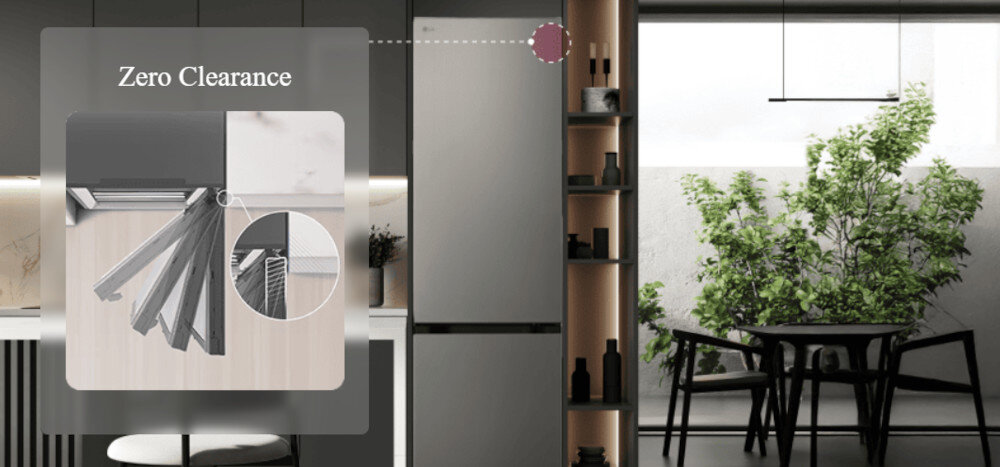 LODÓWKA LG GBBSJ2CCPY Grafika przedstawia zabudowaną lodówkę LG w eleganckiej, szarej kuchni z dużym, jasnym oknem po prawej stronie. Po lewej stronie umieszczono półprzezroczysty panel z napisem „Zero Clearance” i ilustracją otwierających się drzwi chłodziarki, podkreślającą możliwość pełnego wysuwania szuflad bez konieczności zachowywania dodatkowego odstępu od ściany czy mebli Zero Clearance lodówka przy ścianie zawiasy Zero Clearance