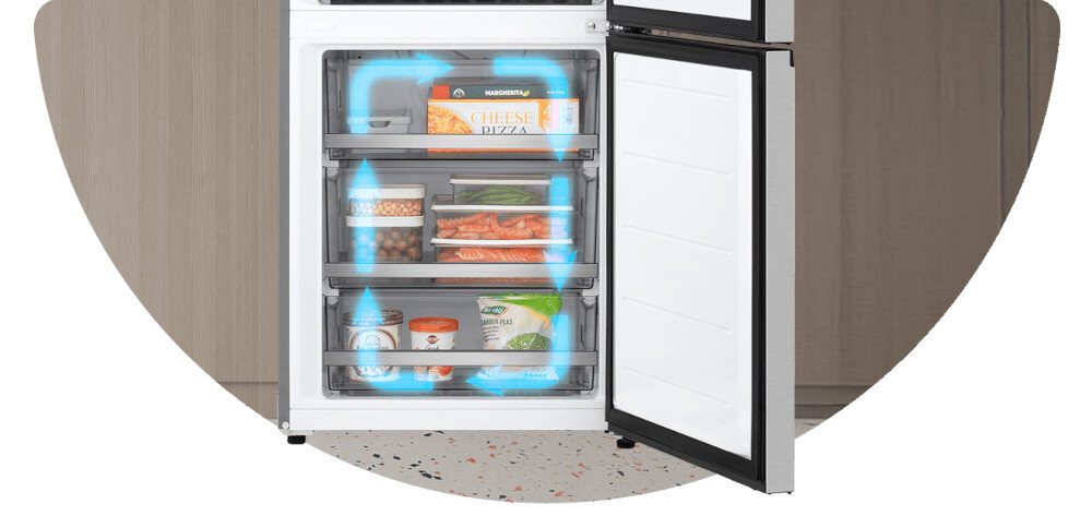 LODÓWKA LG GBBSJ2CCPY Dolna część otwartej zamrażarki lodówki LG, z trzema przezroczystymi szufladami wypełnionymi produktami mrożonymi. Niebieskie strzałki wewnątrz komory ilustrują cyrkulację chłodnego powietrza, podkreślając równomierne mrożenie we wszystkich strefach Multi Air Flow LG równomierna cyrkulacja powietrza bezszronowa technologia brak szronu koniec rozmrażania świeżość produktów technologia chłodzenia LG