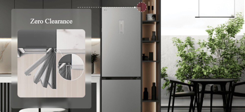 LODÓWKA LG GBBSJ11EPY Grafika przedstawia zabudowaną lodówkę LG w eleganckiej, szarej kuchni z dużym, jasnym oknem po prawej stronie. Po lewej stronie umieszczono półprzezroczysty panel z napisem „Zero Clearance” i ilustracją otwierających się drzwi chłodziarki, podkreślającą możliwość pełnego wysuwania szuflad bez konieczności zachowywania dodatkowego odstępu od ściany czy mebli Zero Clearance lodówka przy ścianie zawiasy Zero Clearance