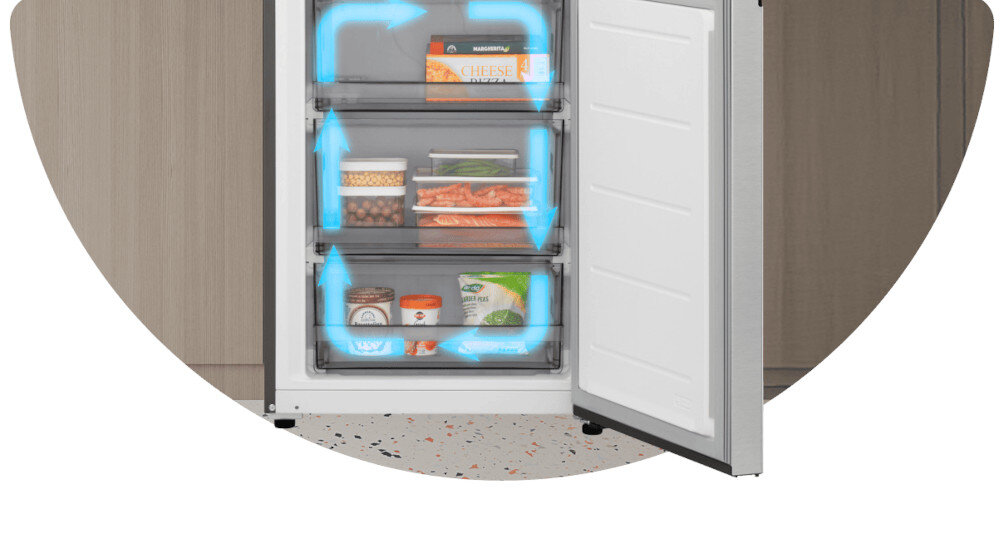 LODÓWKA LG GBBSJ11EPY Dolna część otwartej zamrażarki lodówki LG, z trzema przezroczystymi szufladami wypełnionymi produktami mrożonymi. Niebieskie strzałki wewnątrz komory ilustrują cyrkulację chłodnego powietrza, podkreślając równomierne mrożenie we wszystkich strefach Multi Air Flow LG równomierna cyrkulacja powietrza bezszronowa technologia brak szronu koniec rozmrażania świeżość produktów technologia chłodzenia LG