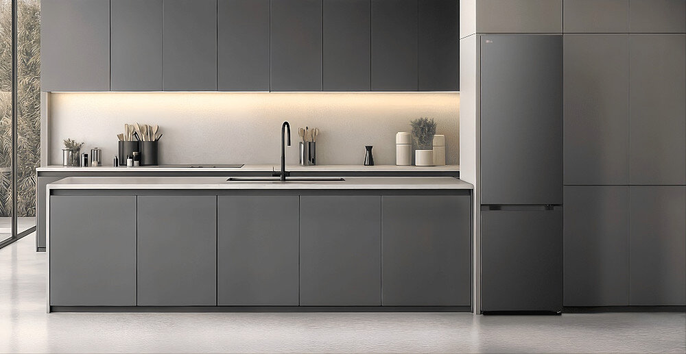 Nowoczesna kuchnia z szarymi szafkami i czarną lodówką. Na blacie znajdują się akcesoria kuchenne i zlew z czarną baterią.