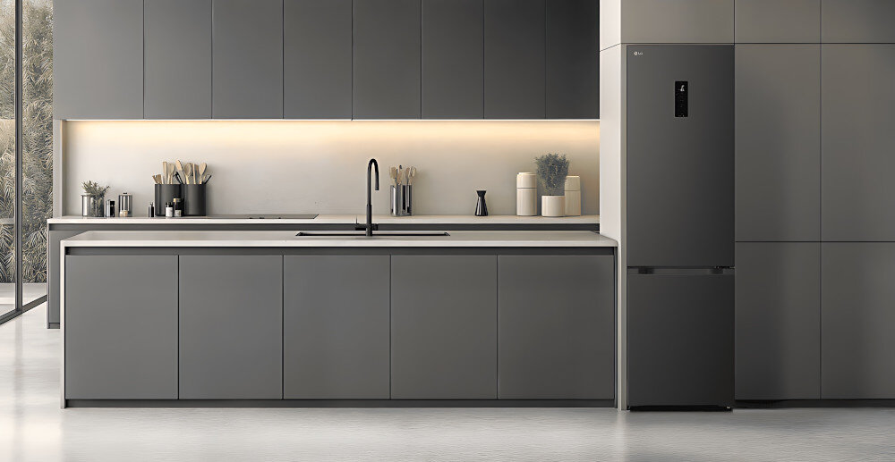LODÓWKA LG GBBS727AEV Minimalistyczna kuchnia w odcieniach grafitu z długą wyspą i gładkimi frontami bez uchwytów, podświetlana ciepłą listwą LED, z ciemną lodówką wolnostojącą wkomponowaną w zabudowę po prawej stronie