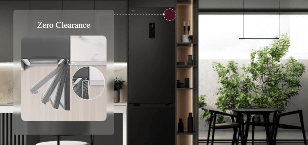 LODÓWKA LG GBBS727AEV Grafika przedstawia zabudowaną lodówkę LG w eleganckiej, szarej kuchni z dużym, jasnym oknem po prawej stronie. Po lewej stronie umieszczono półprzezroczysty panel z napisem „Zero Clearance” i ilustracją otwierających się drzwi chłodziarki, podkreślającą możliwość pełnego wysuwania szuflad bez konieczności zachowywania dodatkowego odstępu od ściany czy mebli Zero Clearance lodówka przy ścianie zawiasy Zero Clearance