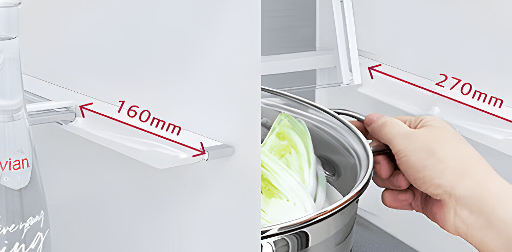LODÓWKA LG GBBSJ11DEP Dwuczęściowa grafika pokazuje regulowane balkoniki na drzwiach lodówki LG: po lewej krótszą półkę o głębokości 160 mm, mieszczącą wysoką butelkę, po prawej wysuniętą do 270 mm, aby zrobić miejsce na szeroki garnek. Czerwone strzałki z wymiarami podkreślają funkcję elastycznego dopasowania przestrzeni do różnych naczyń i opakowań składana półka komfort wygoda