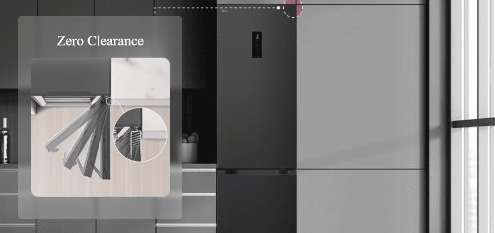 LODÓWKA LG GBBS525CEV Grafika przedstawia zabudowaną lodówkę LG w eleganckiej, szarej kuchni z dużym, jasnym oknem po prawej stronie. Po lewej stronie umieszczono półprzezroczysty panel z napisem „Zero Clearance” i ilustracją otwierających się drzwi chłodziarki, podkreślającą możliwość pełnego wysuwania szuflad bez konieczności zachowywania dodatkowego odstępu od ściany czy mebli Zero Clearance lodówka przy ścianie zawiasy Zero Clearance