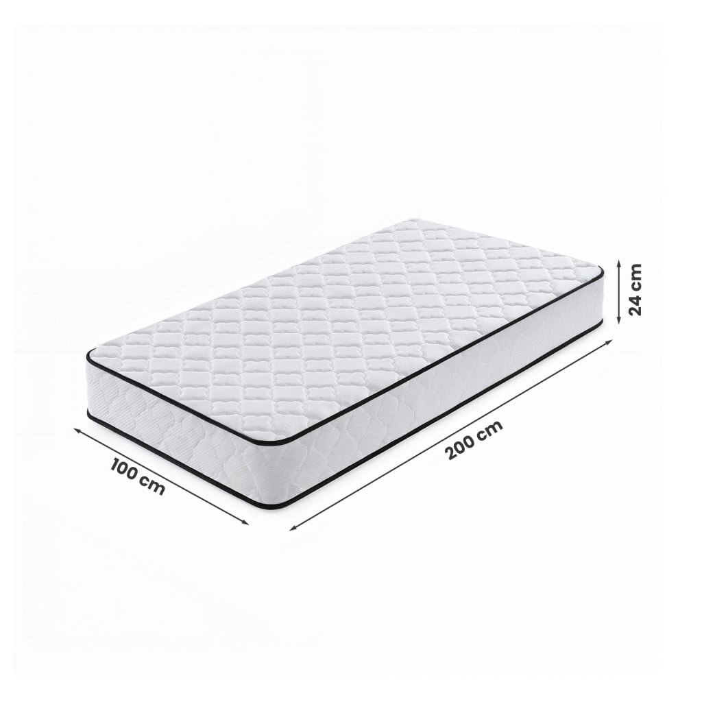 Na obrazie widoczny jest biały materac z czarną lamówką, o wymiarach 100 cm x 200 cm x 24 cm. Materac ma pikowaną powierzchnię z regularnym wzorem kwadratów.