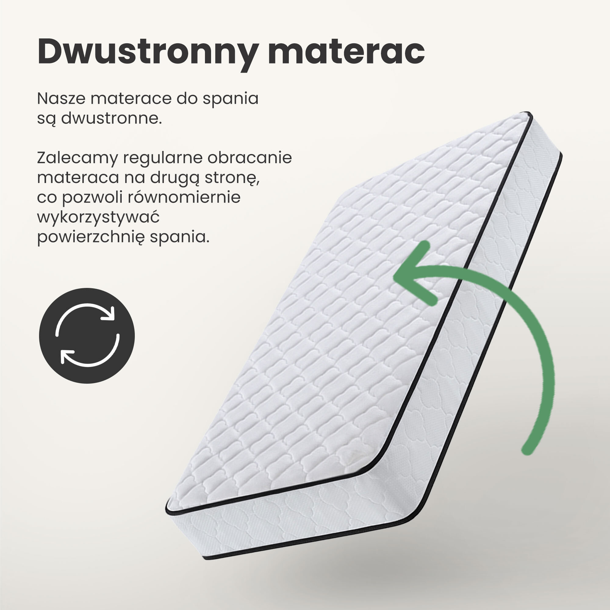 Na obrazie widoczny jest biały materac z czarnymi krawędziami oraz zieloną strzałką wskazującą obracanie. Tekst: \'Dwustronny materac. Nasze materace do spania są dwustronne. Zalecamy regularne obracanie materaca na drugą stronę, co pozwoli równomiernie wykorzystywać powierzchnię spania.\'