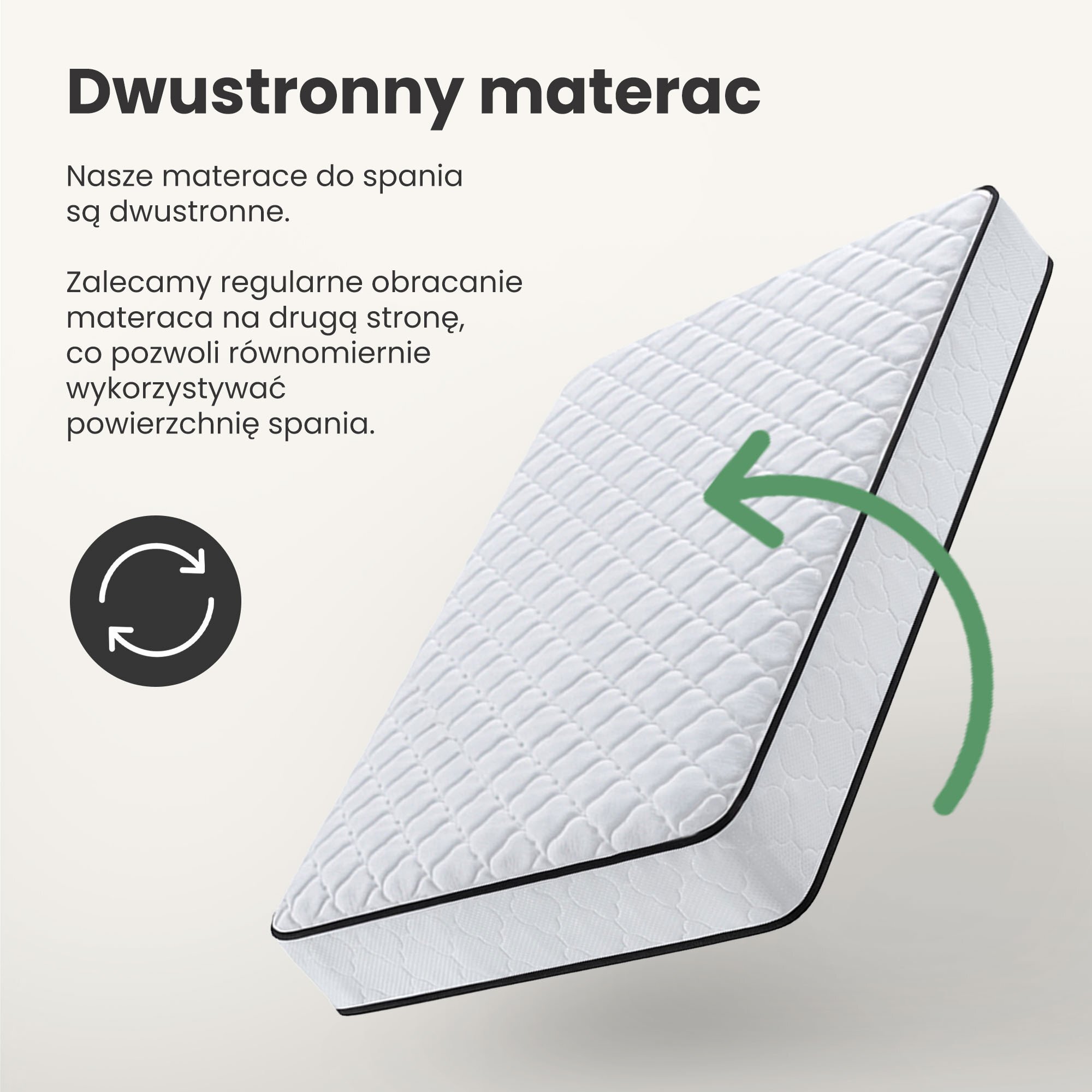 Na obrazie widoczny jest biały materac z czarną obwódką oraz zieloną strzałką wskazującą na jego obracanie. Tekst na obrazie: \'Dwustronny materac. Nasze materace do spania są dwustronne. Zalecamy regularne obracanie materaca na drugą stronę, co pozwoli równomiernie wykorzystywać powierzchnię spania.\'