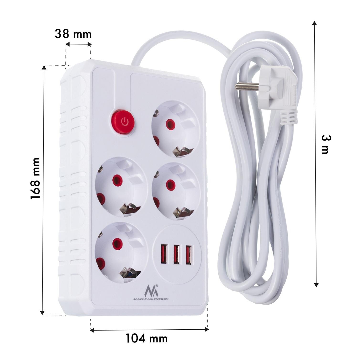 Biała listwa zasilająca z czterema gniazdami i trzema portami USB, posiada czerwony przycisk zasilania. Na listwie widoczne są wymiary: 168 mm wysokości, 104 mm szerokości, 38 mm głębokości oraz długość kabla 3 m.