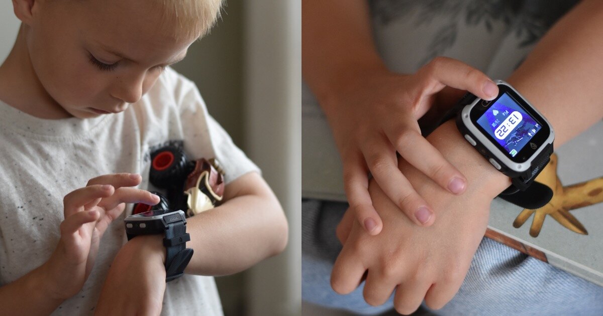 Smartwatch KIDIZ Basic Chłopiec korzystający ze smartwatcha KiDiZ Watch, obok zbliżenie na zegarek na ręce dziecka.