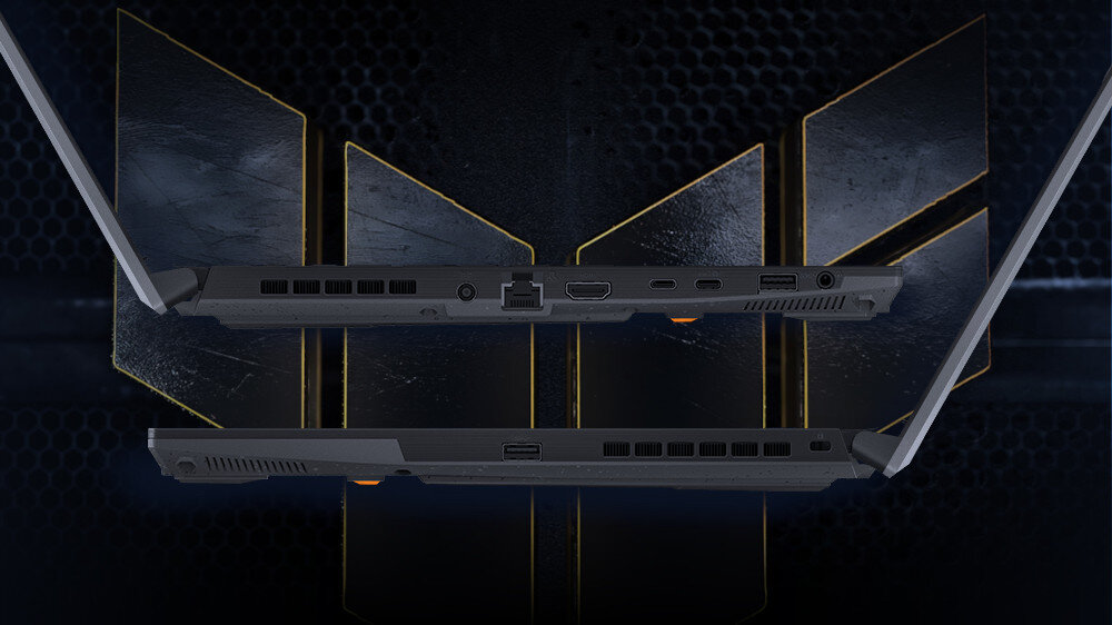 ASUS TUF Gaming F16 widok portów z lewej i prawej strony na ciemnym tle z geometrycznymi wzorami, prezentującym HDMI 2.1, USB-A 3.2, USB-C Thunderbolt 4, jack audio 3.5mm i porty wentylacyjne dla kompletnej łączności zewnętrznej w środowisku gamingowym - Thunderbolt 4 USB Type-C z obsługą DisplayPort 1.4 USB-A HDMI 2.1 