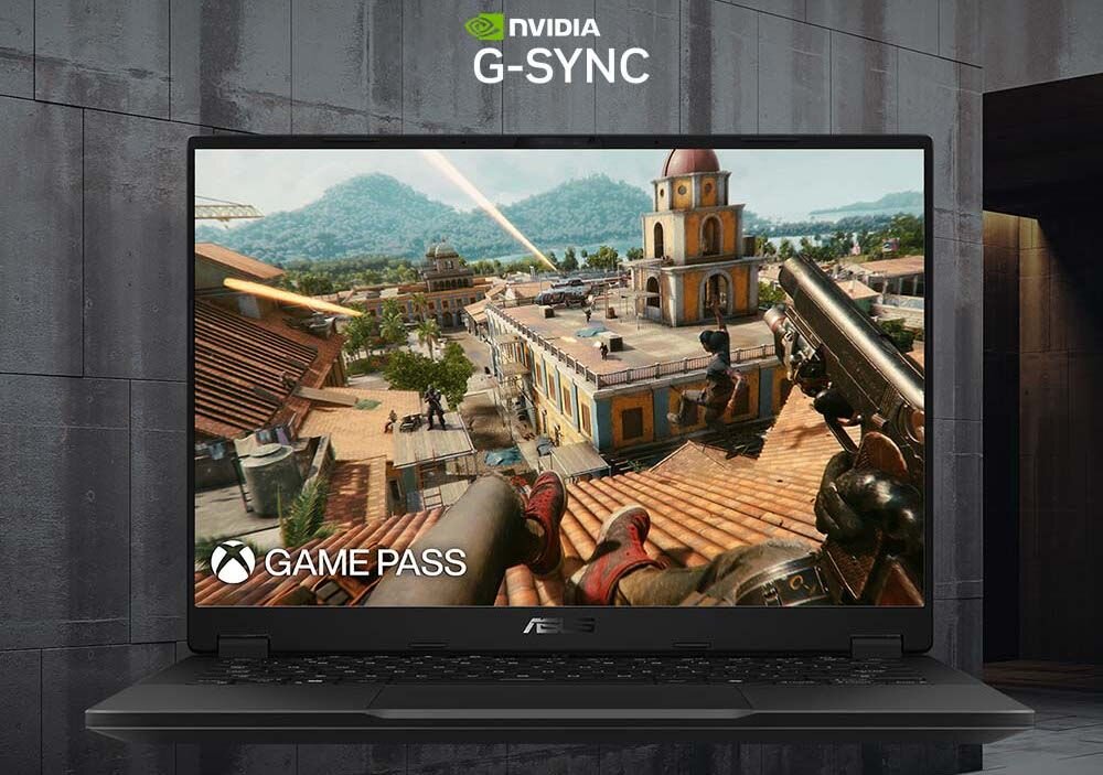 Laptop ASUS TUF Gaming z ekranem obsługującym NVIDIA G‑SYNC prezentuje płynną rozgrywkę w dynamicznej scenie gry – IPS 2560x1600 216 PPI format 16:10 165 Hz 3ms bez ghostingu ze 100% sRGB dla graczy