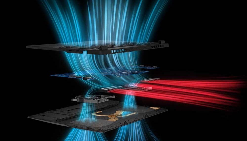 Wizualizacja systemu chłodzenia Arc Flow w laptopie ASUS TUF Gaming pokazuje intensywny przepływ powietrza podczas pracy – wentylatory Arc Flow z geometrycznymi otworami w panelu aluminium utrzymujące CPU i GPU bez throttlingu