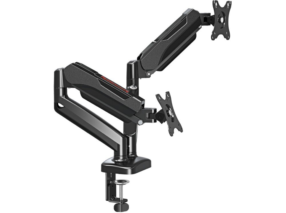 Uchwyt do monitora REDRAGON GMK915 Czarny, metalowy uchwyt biurkowy na dwa monitory z dwoma ruchomymi ramionami zakończonymi płytkami montażowymi oraz zaciskiem mocującym do blatu na dole