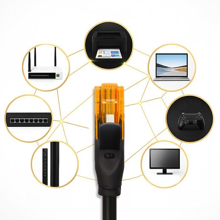 Obraz przedstawia czarny kabel z wtyczką RJ-45 z pozłacanymi stykami, otoczony ikonami różnych urządzeń elektronicznych, takich jak drukarka, monitor, router i kontroler do gier. Wtyczka jest centralnym elementem, a ikony są połączone liniami, sugerując możliwość podłączenia do tych urządzeń.