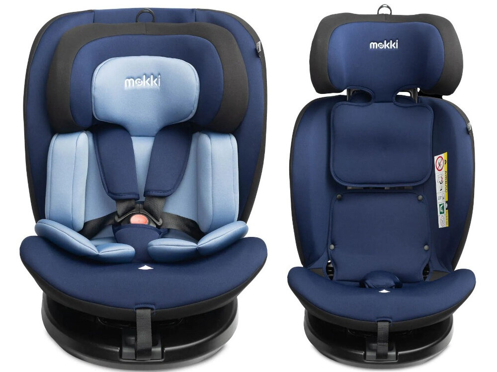 Fotelik samochodowy CARETERO Mokki I-Size 40-150 cm (0-36 kg) Czarno-niebieski białe tło fotelik w dwóch ujęciach widok od przodu jedne fotelik z wkładką drugi fotelik bez wkładki do bezpiecznego i wygodnego przewożenia dziecka od 40 do 150 cm wzrostu i o wadze od 0 do 36 kg stabilne podparcie intuicyjne dopasowanie do różnych etapów rozwoju wbudowane systemy ochronne szeroki zakres regulacji