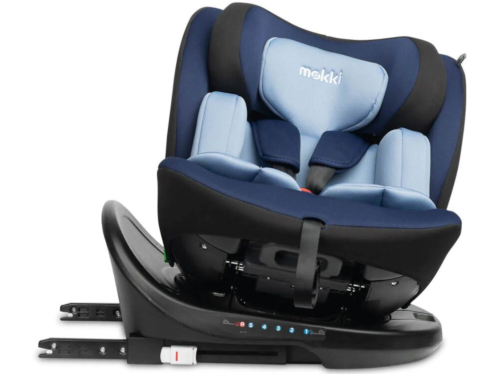 Fotelik samochodowy CARETERO Mokki I-Size 40-150 cm (0-36 kg) Czarno-niebieski fotelik na bazie ustawiony bokiem białe tło spełnia normę i-Size R129 zaawansowana ochrona boczna odpowiednio wzmocniony zagłówek wytrzymała skorupa chroni malucha przed skutkami uderzeń gruby zagłówek skutecznie pochłania przeciążenia bezpieczeństwo