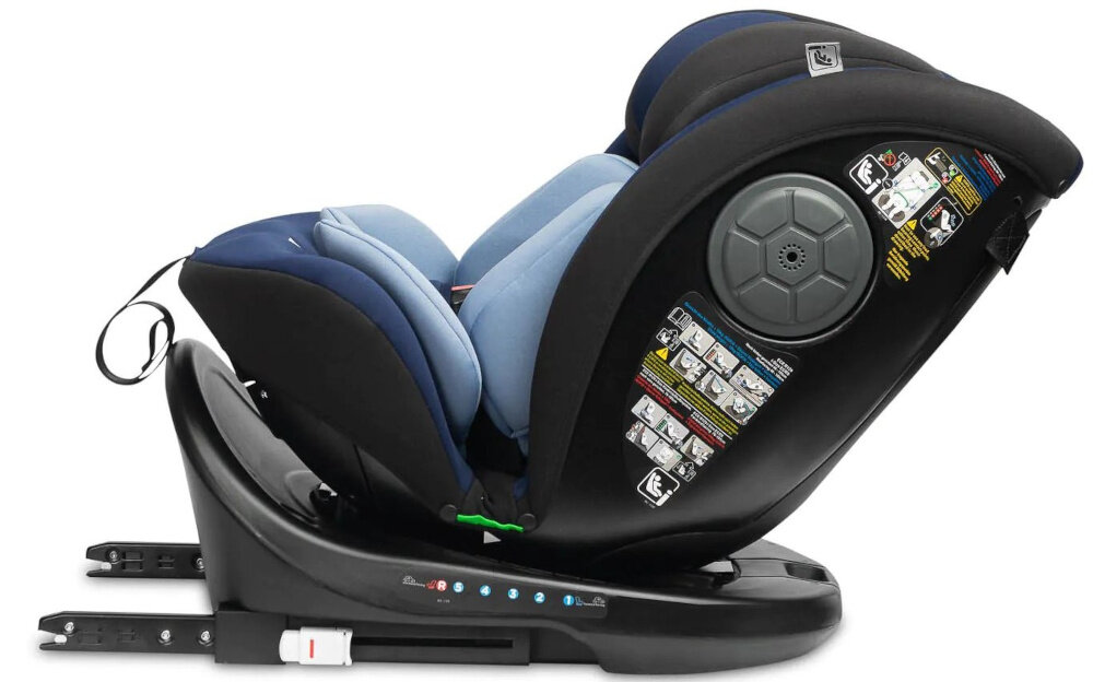 Fotelik samochodowy CARETERO Mokki I-Size 40-150 cm (0-36 kg) Czarno-niebieski fotelik na białym tle widoczny bokiem montaż tyłem (RWF) i przodem (FWF) dostosowanie jazdy do wieku i etapu rozwoju dziecka montaż RWF rekomendowany dla najmłodszych możliwość przejścia na FWF ułatwia przewożenie starszych dzieci