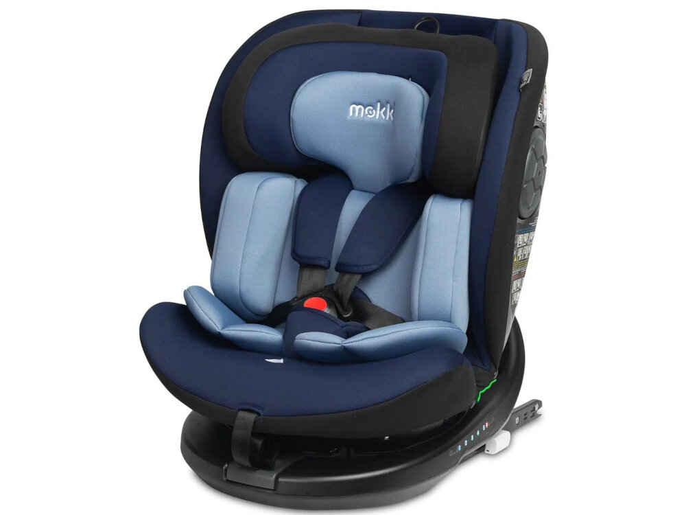 Fotelik samochodowy CARETERO Mokki I-Size 40-150 cm (0-36 kg) Czarno-niebieski fotelik na białym tle widoczny od przodu pod skosem odporne materiały wzmocniona skorupa wpływa na ochronę ergonomiczny kształt trwałość elementów intuicyjne mechanizmy ustawiania waga około 12 kg