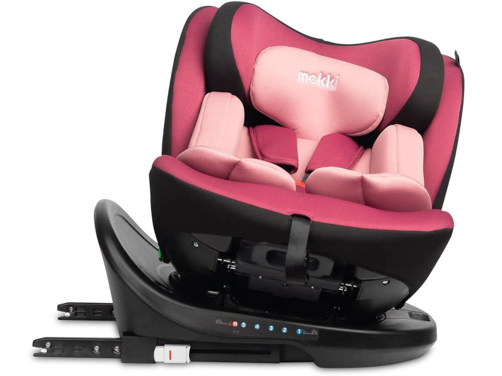 Fotelik samochodowy CARETERO Mokki I-Size 40-150 cm (0-36 kg) Czarno-różowy fotelik na bazie ustawiony bokiem białe tło spełnia normę i-Size R129 zaawansowana ochrona boczna odpowiednio wzmocniony zagłówek wytrzymała skorupa chroni malucha przed skutkami uderzeń gruby zagłówek skutecznie pochłania przeciążenia bezpieczeństwo