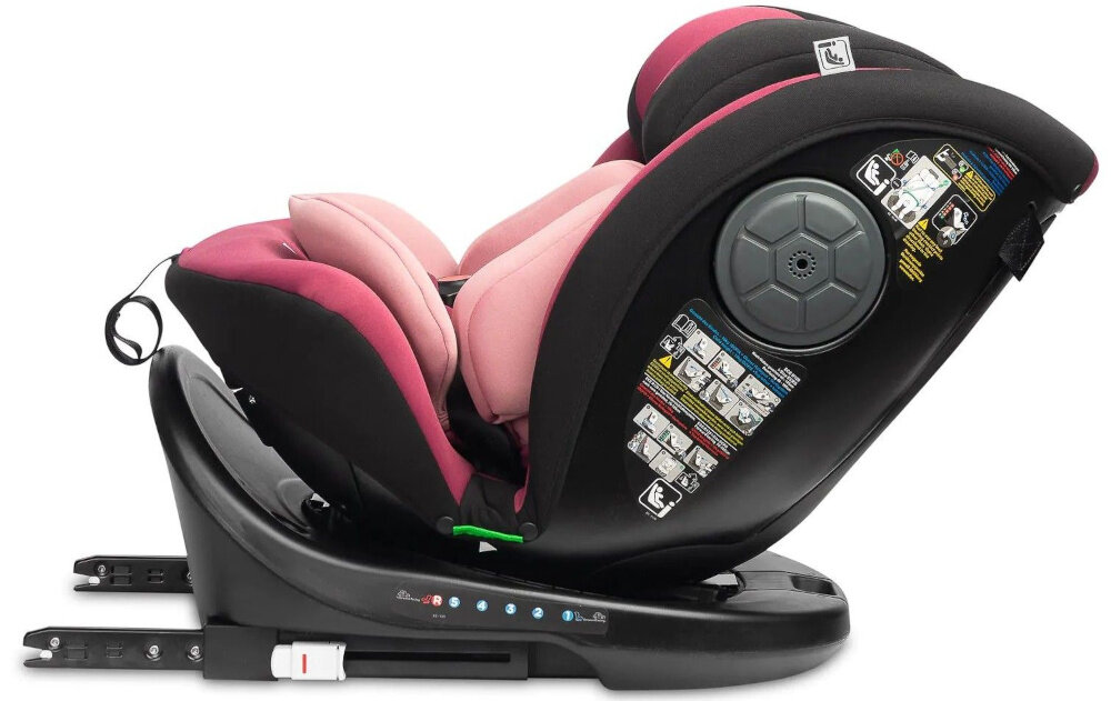 Fotelik samochodowy CARETERO Mokki I-Size 40-150 cm (0-36 kg) Czarno-różowy fotelik na białym tle widoczny bokiem montaż tyłem (RWF) i przodem (FWF) dostosowanie jazdy do wieku i etapu rozwoju dziecka montaż RWF rekomendowany dla najmłodszych możliwość przejścia na FWF ułatwia przewożenie starszych dzieci