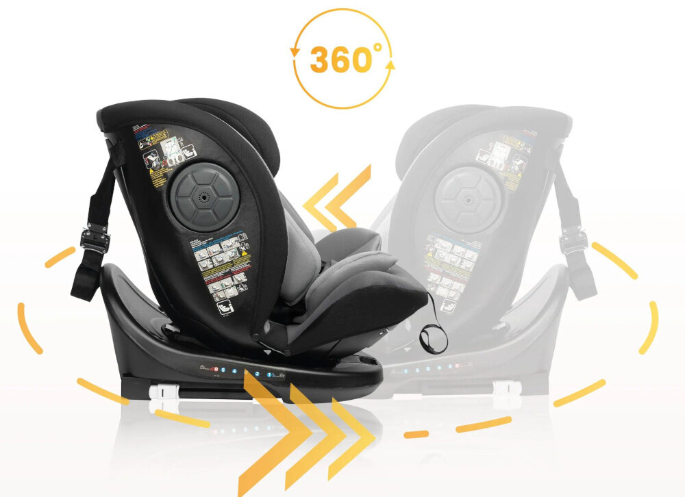 Fotelik samochodowy CARETERO Mokki I-Size 40-150 cm (0-36 kg) Czarno-różowy fotelik w dwóch ujęciach pokazujących jazdę przodem i tyłem system obrotowy 360° usprawnia codzienne korzystanie z fotelika płynny obrót pozwala szybko ustawić fotelik w oczekiwanym położeniu