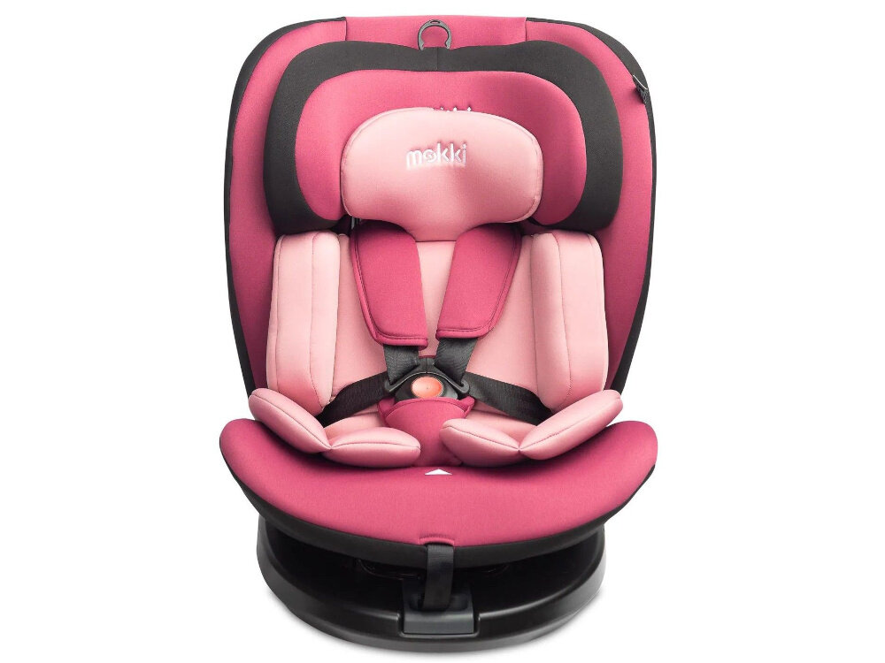 Fotelik samochodowy CARETERO Mokki I-Size 40-150 cm (0-36 kg) Czarno-różowy fotelik na białym tle widoczny od przodem wkładka redukcyjna dba o poprawne ułożenie ciała odpowiednia cyrkulacja powietrza miękkie siedzisko wspiera wygodę stabilną pozycję dla dzieci od pierwszych dni życia do około 10 lat