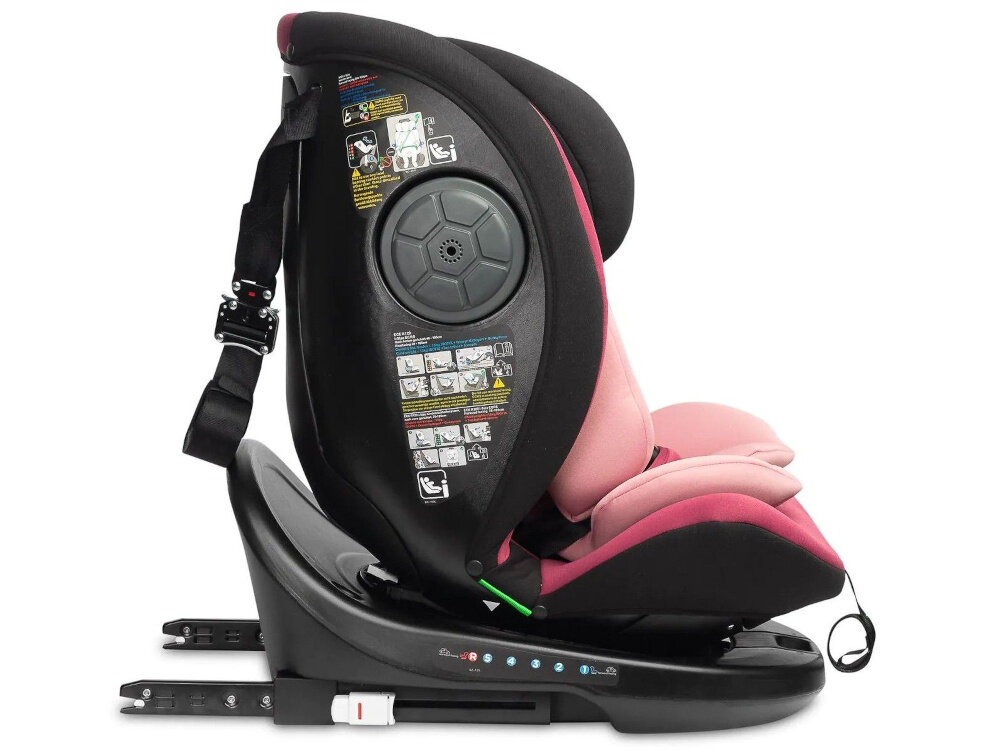 Fotelik samochodowy CARETERO Mokki I-Size 40-150 cm (0-36 kg) Czarno-różowy fotelik na białym tle widoczny bokiem boczne otwory wentylacyjne wspierają prawidłową cyrkulację powietrza wokół skóry dziecka temperatura wewnątrz siedziska jest lepiej regulowana ogranicza przegrzewanie utrzymanie przyjemnego mikroklimatu wewnątrz fotelika