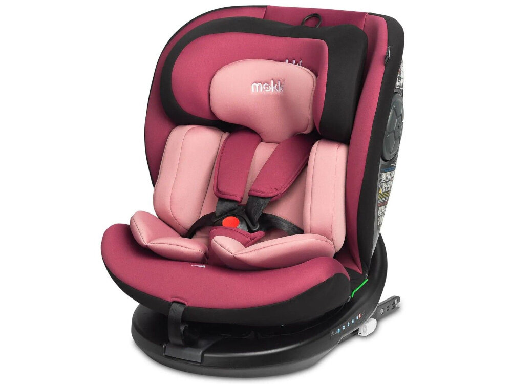 Fotelik samochodowy CARETERO Mokki I-Size 40-150 cm (0-36 kg) Czarno-różowy fotelik na białym tle widoczny od przodu pod skosem odporne materiały wzmocniona skorupa wpływa na ochronę ergonomiczny kształt trwałość elementów intuicyjne mechanizmy ustawiania waga około 12 kg