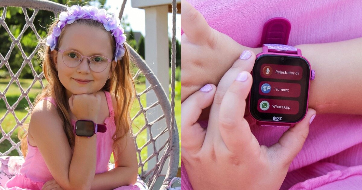 Smartwatch KIDIZ Chat 2.1  Dzieci prezentujące smartwatch KiDiZ Watch Chat 2.1 w kolorze czarno-białym.