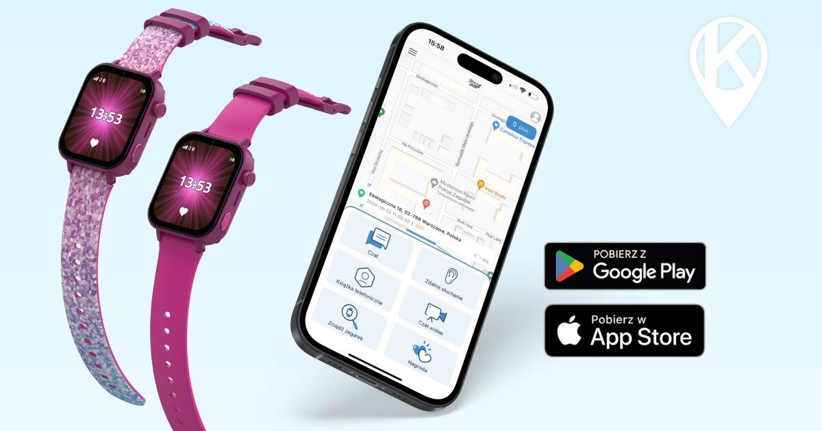 Smartwatch KiDiZ Watch Chat 2.1 zaprezentowany w dwóch wersjach kolorystycznych pasków – białym i czarno-białym – obok smartfona z aplikacją do lokalizacji i zarządzania zegarkiem.
