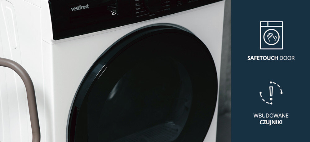 Suszarka VESTFROST VT-FW4EHY70EU Na zdjęciu widoczna jest suszarka bębnowa Vestfrost ustawiona przy betonowej ścianie, z ręcznikami na górze. Po prawej stronie grafiki podkreślają dwie cechy urządzenia: SAFETOUCH DOOR (bezpieczne drzwi) oraz wbudowane czujniki zapewniające optymalizację procesu suszenia SafeTouch Door chłodne drzwi bezpieczna czujniki urządzenia czyszczenie filtra przypomnienie o konserwacji Failure Detection blokada rodzicielska z czujnikami
