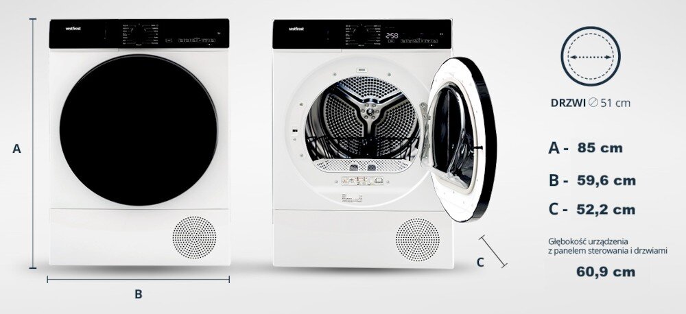 Suszarka VESTFROST VT-FW4EHY70EU Na zdjęciu przedstawiono dwa widoki suszarki Vestfrost: z zamkniętymi i otwartymi drzwiczkami. Po prawej stronie podane są wymiary urządzenia – wysokość 84,5 cm, szerokość 59,6 cm, głębokość korpusu 53,4 cm, głębokość całkowita z panelem i drzwiami to 60,9 cm, a średnica drzwi wynosi 51 cm