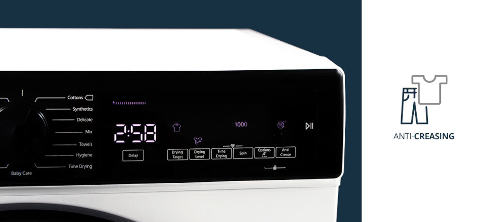Suszarka VESTFROST VT-FW4EHY70EU Na zdjęciu widać fragment panelu sterującego suszarki Vestfrost z czytelnym wyświetlaczem cyfrowym i przyciskami do ustawienia poziomu suszenia oraz funkcji antyzagnieceniowej. Po prawej stronie znajduje się grafika informująca o opcji Anti-Creasing chroniącej ubrania przed zagnieceniami Anti Creasing mniej zagnieceń przeciw zagnieceniom zmniejsza prasowanie delikatne obroty bębna ubrania bez zagnieceń łatwe prasowanie