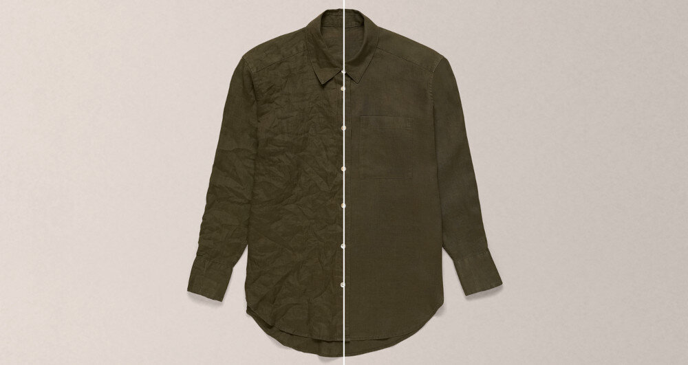 PRALKA MIELE WQ 1000 WPS zdjęcie lifestyle oliwkowa zielona koszula porównanie pognieciona wygładzona System parowy SteamCare wygładzanie mniej zagnieceń mniej prasowania odświeżanie PowerFresh usuwa zapachy