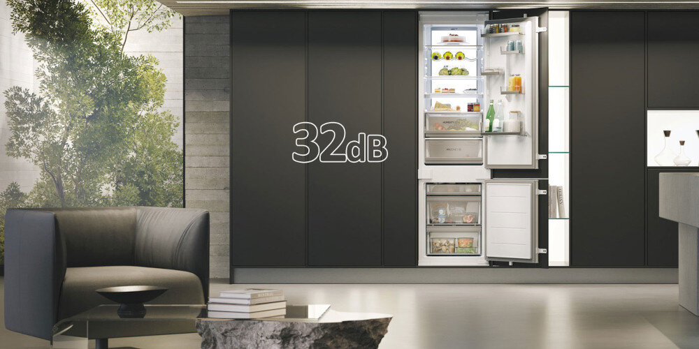 LODÓWKA HAIER HBW7519DT grafika poziom db lodówka otwarta w zabudowie Dyskretna praca urządzenia cicha bez zakłócania spokoju dźwięk około 32 dB elegancja komfort