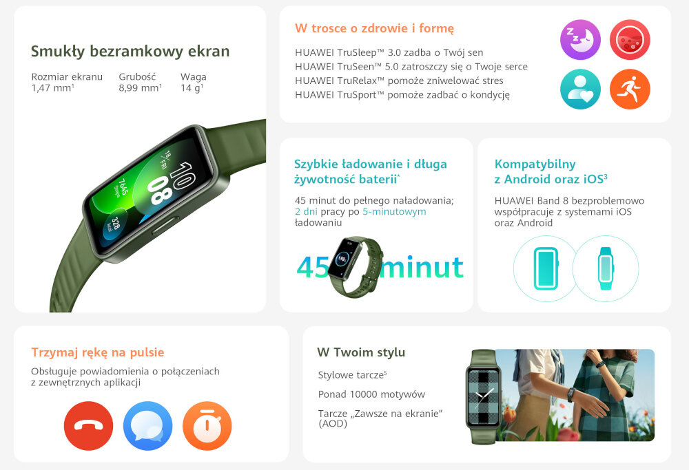 Smartband HUAWEI Band 8 ekran bateria czujniki zdrowie sport pasek ładowanie pojemność rozdzielczość łączność sterowanie krew puls rozmowy smartfon aplikacja