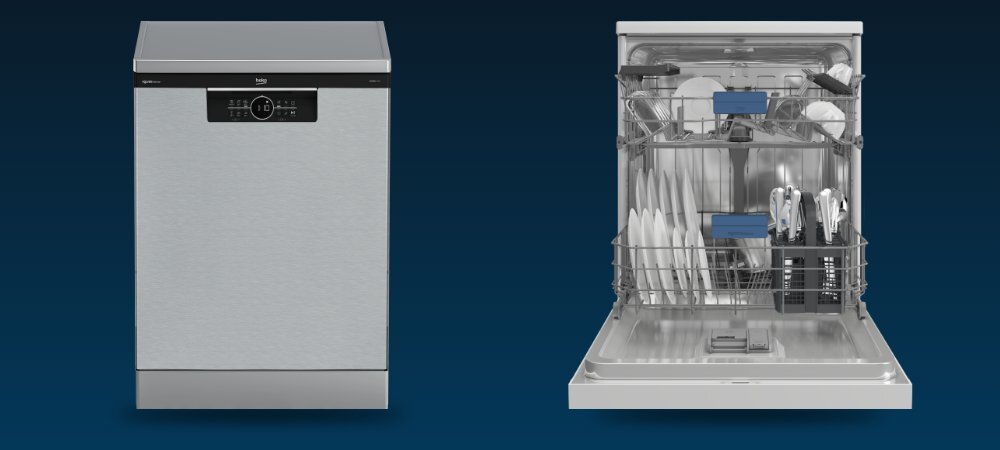 Zmywarka BEKO BDFN26440XP wizualizacja front otwarta zamknięta wnętrze koszk na sztućce dno stal nierdzewna większa higiena