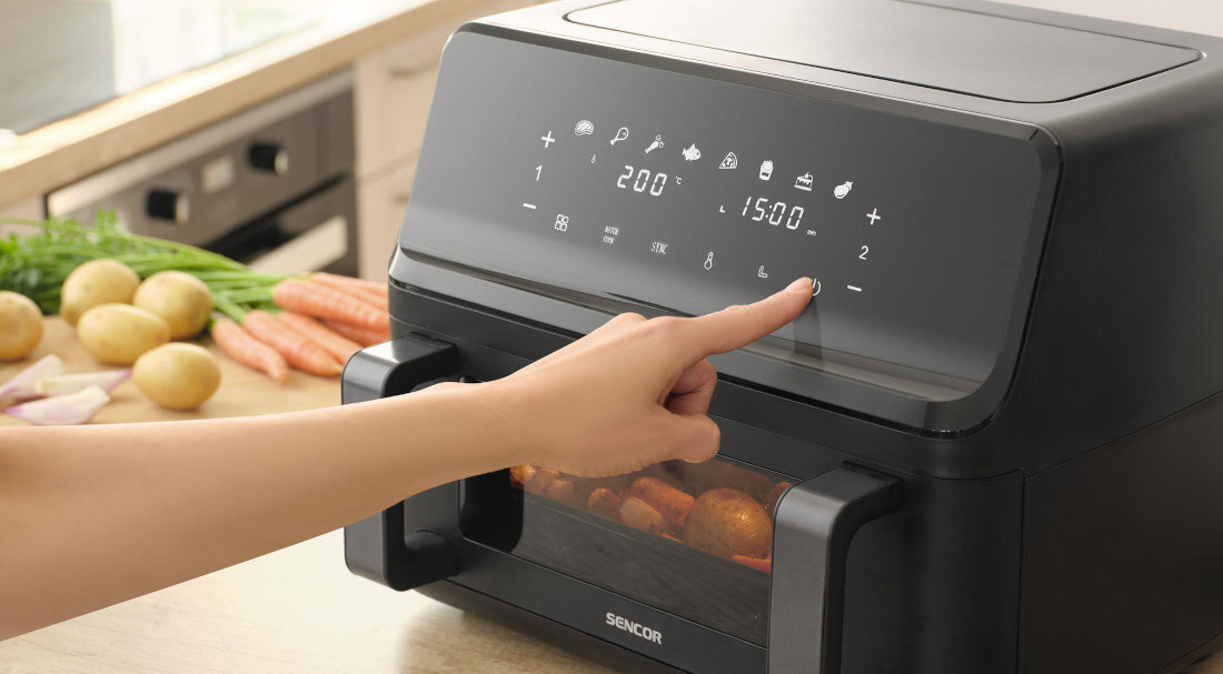Air Fryer Frytkownica beztłuszczowa SENCOR SFR 9650BK Pełna kontrola w Twoich rękach Cyfrowy panel sterowania łatwe wybieranie 8 programów temperatura zakres ustawienia czas pracy kontrola potrwawa potrzeby pereferencje dostosowanie