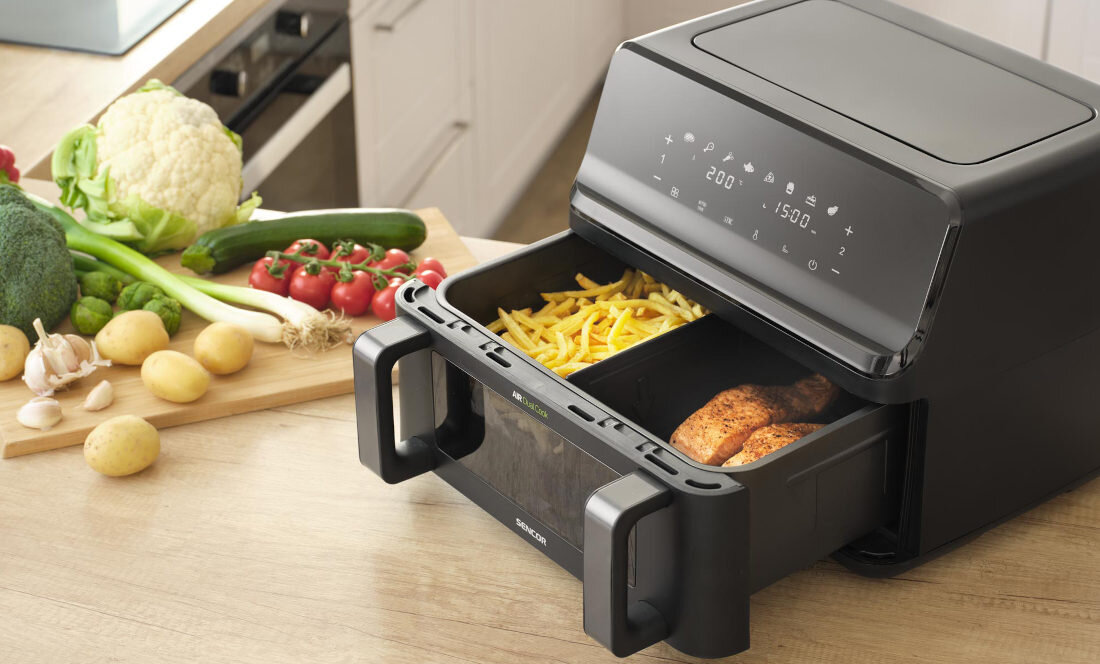 Air Fryer Frytkownica beztłuszczowa SENCOR SFR 9650BK Dwa dania, jeden czas Funkcja SyncFinish czas gotowania w obu komorach synchronizacja dwa różne dania gorące i chrupiące