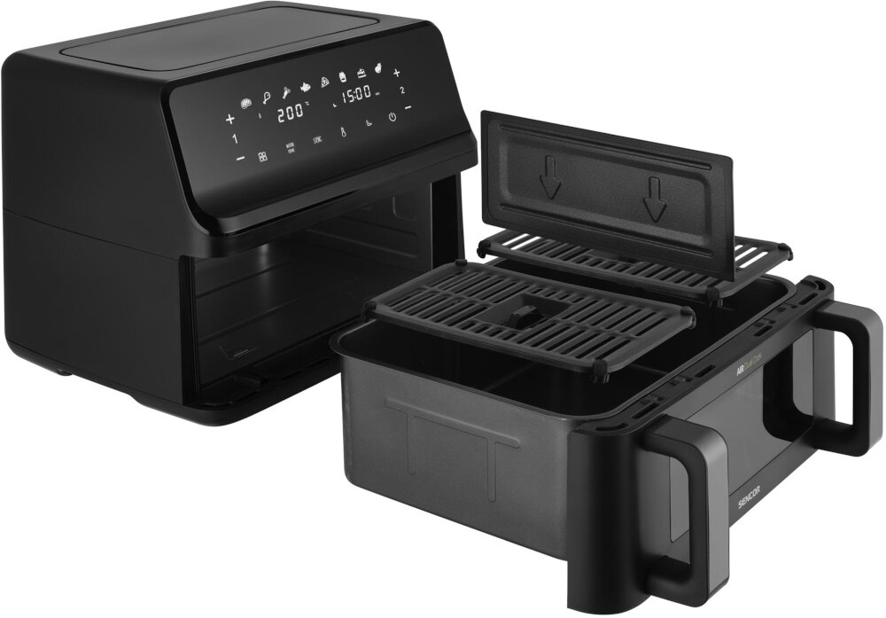 Air Fryer Frytkownica beztłuszczowa SENCOR SFR 9650BK Elastyczność gotowania swoboda planowanie posiłki Podział na komory powłoka nieprzywierająca Wyjmowane elementy z powłoką zapobiegającą przywieraniu Duże okno kontrola uchwyt chłodny w dotyku bezpieczeństwo i komfort