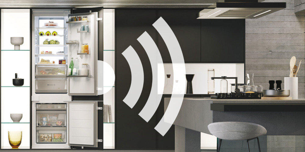 LODÓWKA HAIER HBW7519DT ikona grafika wifi połączenie z siecią lodówka otwarta wnętrze ekosystem zarządzanie lodówką zdalne aplikacja wifi połączenie innowacja