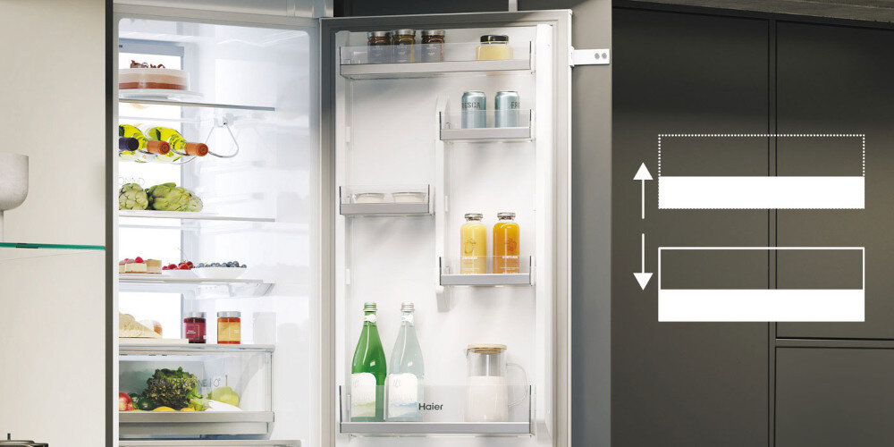 LODÓWKA HAIER HBW7519DT grafika półki regulacja balkoniki elastyczne wnętrze otwarta lodówka wnętrze jasne pięć balkoników