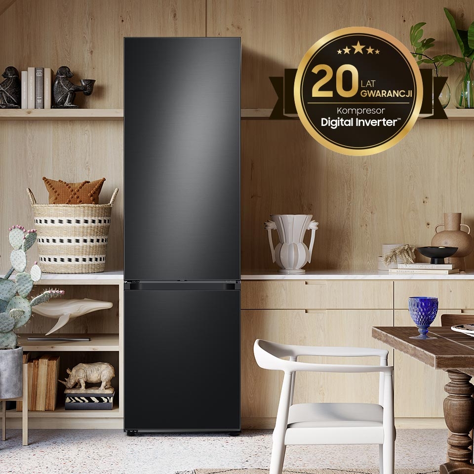 Zdjęcie lodówki Samsung wraz z informacją o 20 latach gwarancji na cyfrowy kompresor