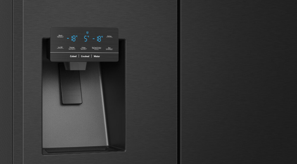 LODÓWKA HISENSE RQ760N4BFF sterowanie elektroniczne panel ustawienia funkcje kostki lodu mrożenie woda dyspenser