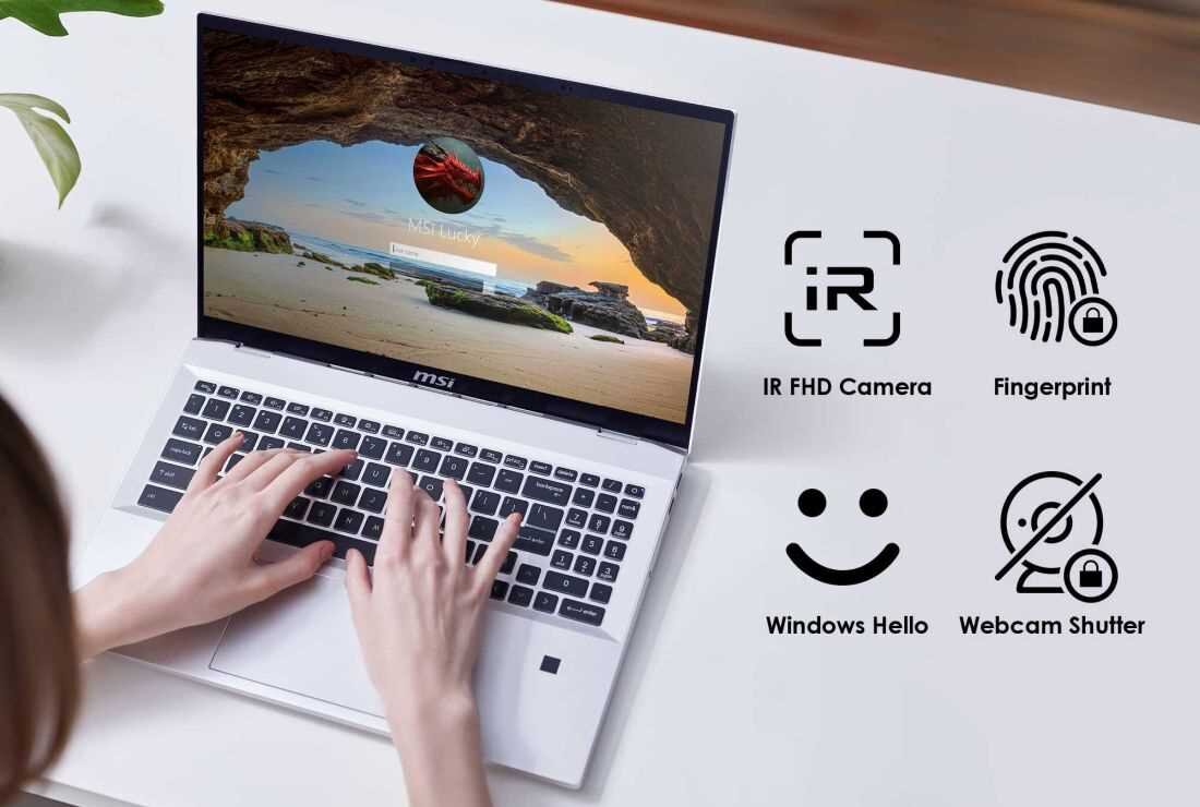 Osoba pracująca na białym laptopie MSI Prestige A16 AI+, ekran z logowaniem Windows Hello, po prawej ikony: IR FHD Camera, Fingerprint, Windows Hello, Webcam Shutter – prezentacja funkcji biometrycznych i zabezpieczeń.   
