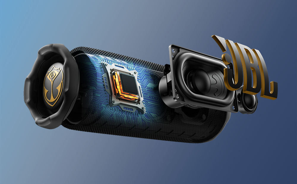 Głośnik mobilny JBL Flip 7 Tomorrowland z AI Sound Boost — wyraźny dźwięk i mocniejszy bas na zewnątrz, przekroj głośnika na niebieskim tle