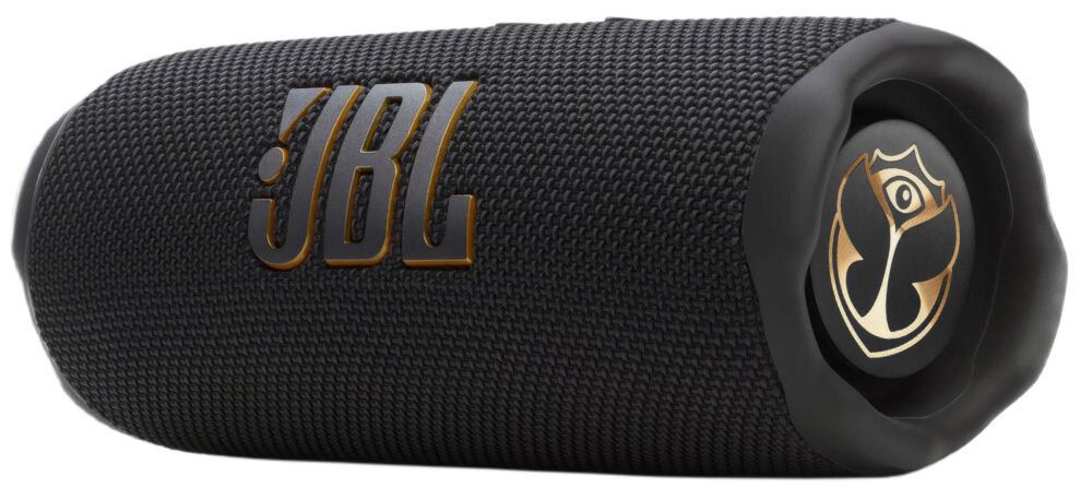 Głośnik mobilny JBL Flip 7 Tomorrowland IP68 — wodoodporność i pyłoodporność do użytku na zewnątrz, głośnik mobilny po skosie na białym tle