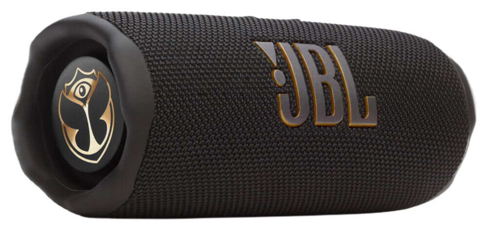 Głośnik mobilny JBL Flip 7 Tomorrowland 4800 mAh — do 14 godzin grania z funkcją Playtime Boost, głośnik mobilny po skosie na białym tle